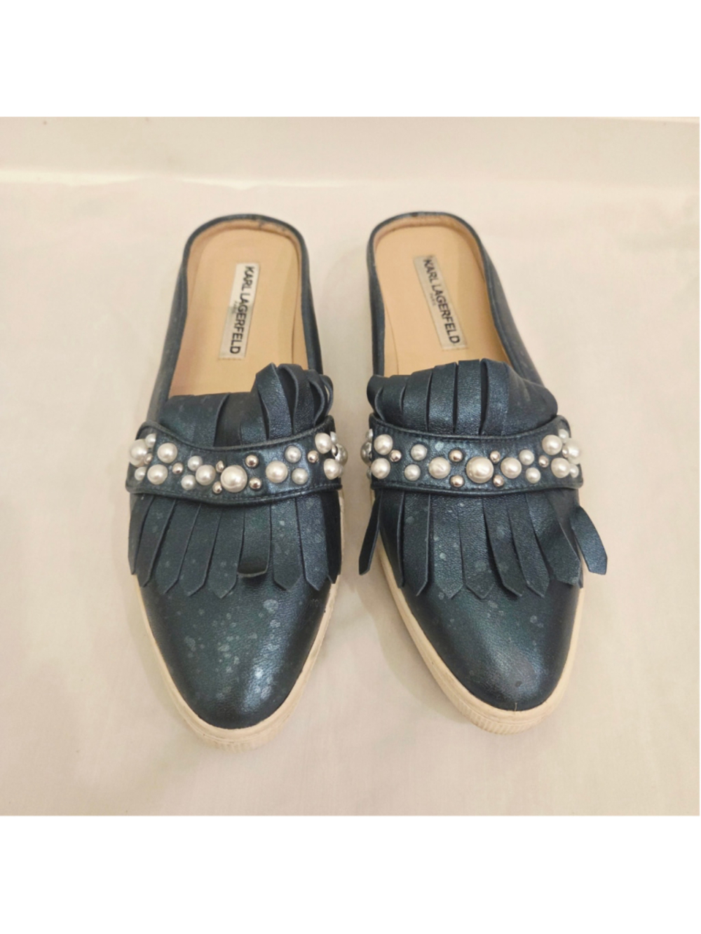 Karl Lagerfeld metallic green Pearl Embellished Fringed Mules size 8